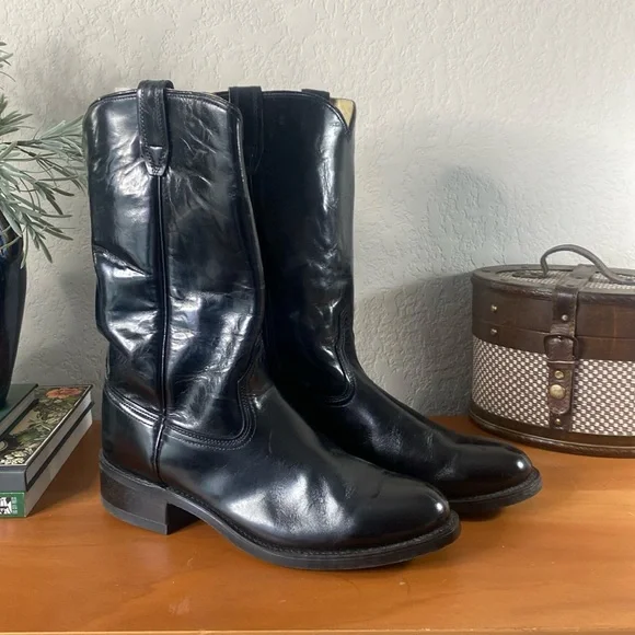 Mens ACME Black Leather Cowboy Work Boots Oil Resistant 10.5 - Picture 1 of 10